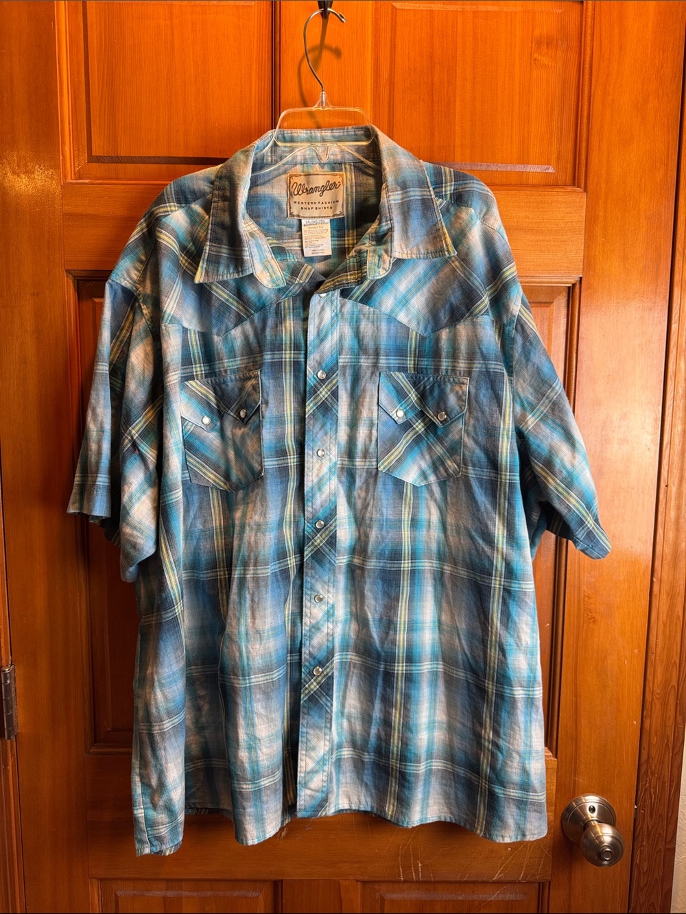Wrangler Teal and Blue Plaid Short Sleeve Western Pearl Snap-Up Size 3XL